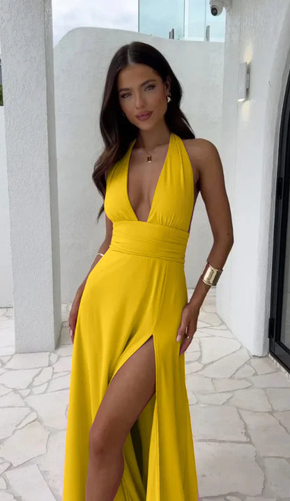 Kaelyn | Sexy deep V-neck split solid colour dress